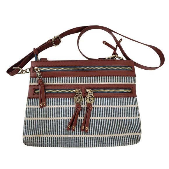 Spartina 449 Tidaholm Crossbody Bag Striped Navy Natural Linen Leather Trim Gold - Picture 2 of 5